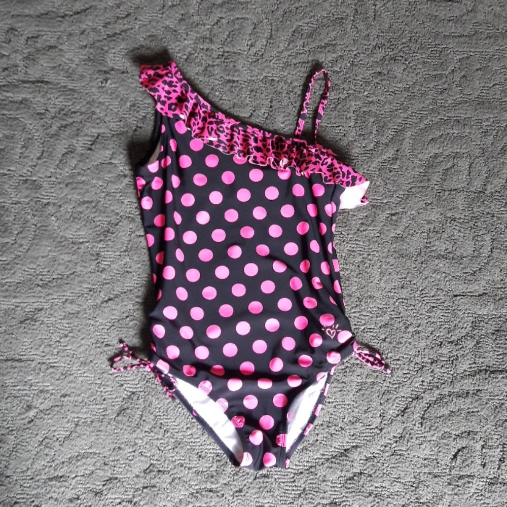 Justice swimsuit pink and black off the shoulder
